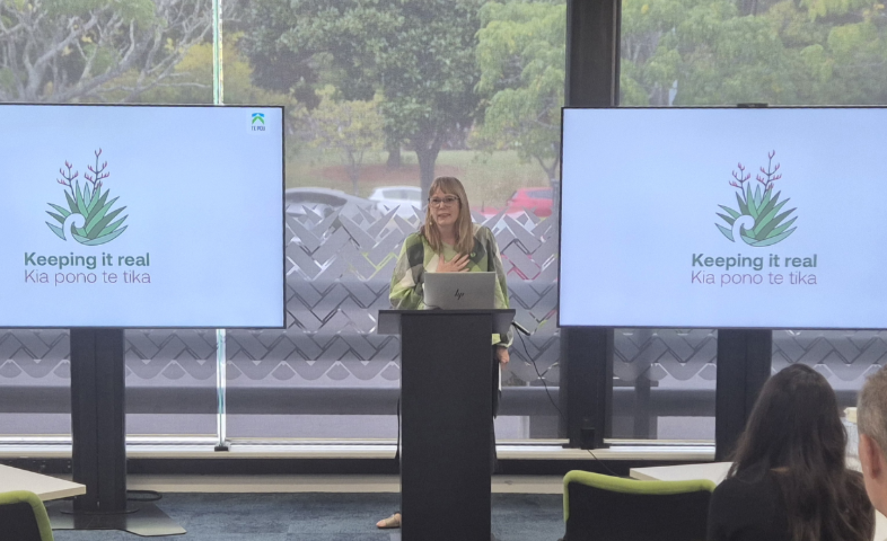 Te Pou programme lead Trish Gledhill speaking at the launch event for Keeping it Real | Kia Pono te Tika in April.