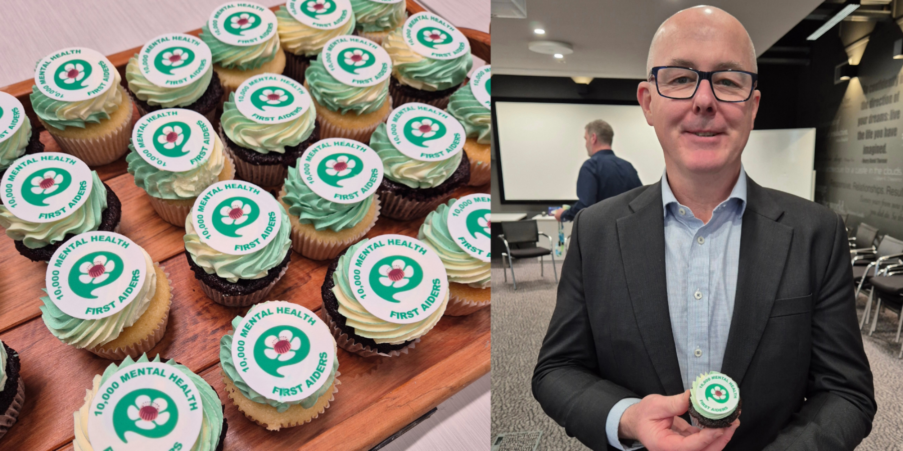 A selection of cupcakes celebrating the milestone of 10,000+ MHFAiders trained in New Zealand and ﻿MHFA International CEO Angus Clelland with a celebratory 10,000 MHFAider cupcake.