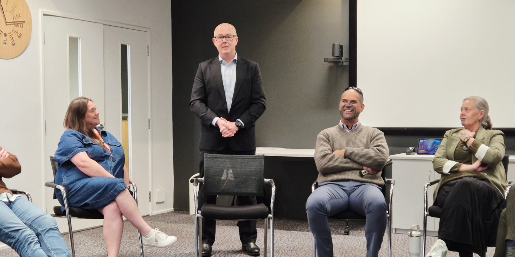 Angus Clelland, centre, at his mihi whakatau (welcome ceremony) in Hamilton with, at left, MHFA Aotearoa programme manager Sarah Christensen, and from right, Te Pou principal advisor Māori, Kahurangi Fergusson-Tibble, and Te Pou CEO Riana Manuel.